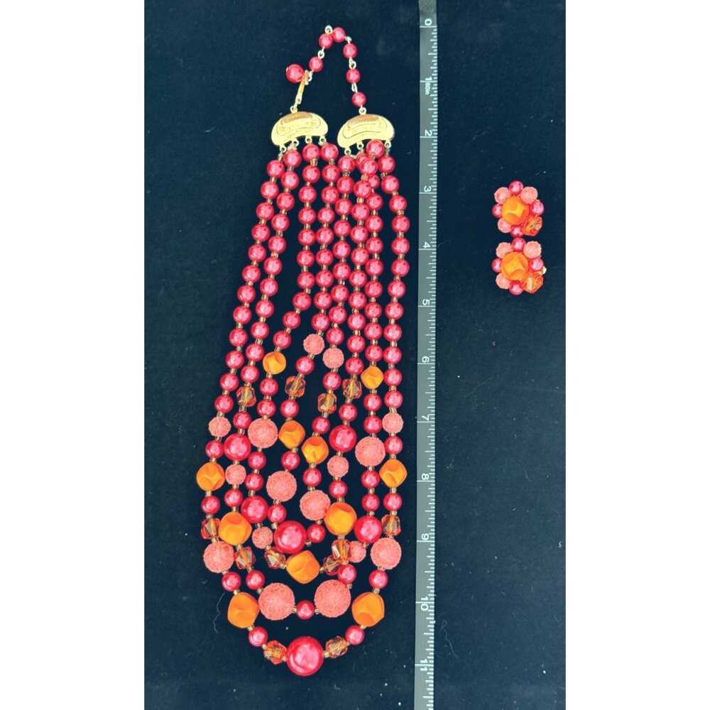 VTG JAPAN Necklace Earrings Set 4-Strand Pink Orange Sugar Bead Clip-On - Picture 9 of 10